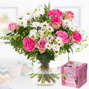 Blumenstrauß Glückskind + Schokowürfel Joghurtschatz