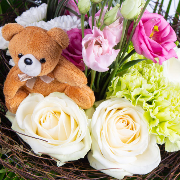 Blumenstrauß zur Geburt (Mädchen) mit Bären-Stecker – Bild 2