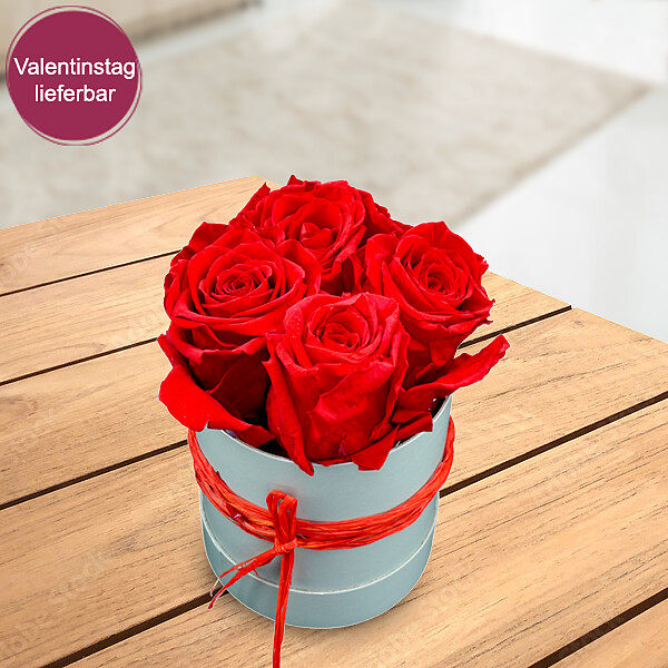 4 rote haltbare Rosen in Hutschachtel