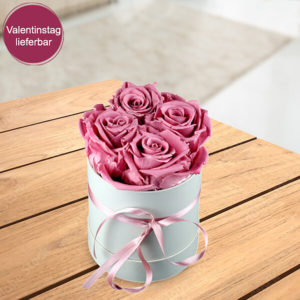 4 altrosafarbene haltbare Rosen in Hutschachtel