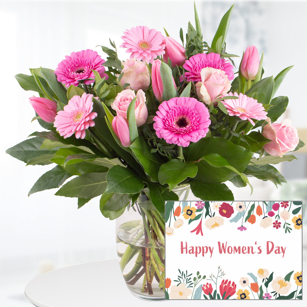 Blumenstrauß zum Frauentag + "Happy Women's Day" Grußkarte