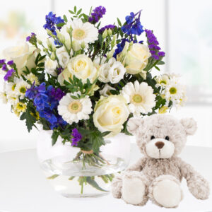 Blumenstrauß + Teddybär zur Geburt eines Jungen
