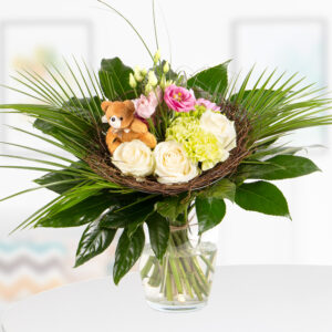 Blumenstrauß zur Geburt (Mädchen) mit Bären-Stecker
