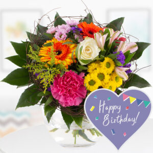 Bunter Geburtstagsstrauß mit Karte "Happy Birthday"