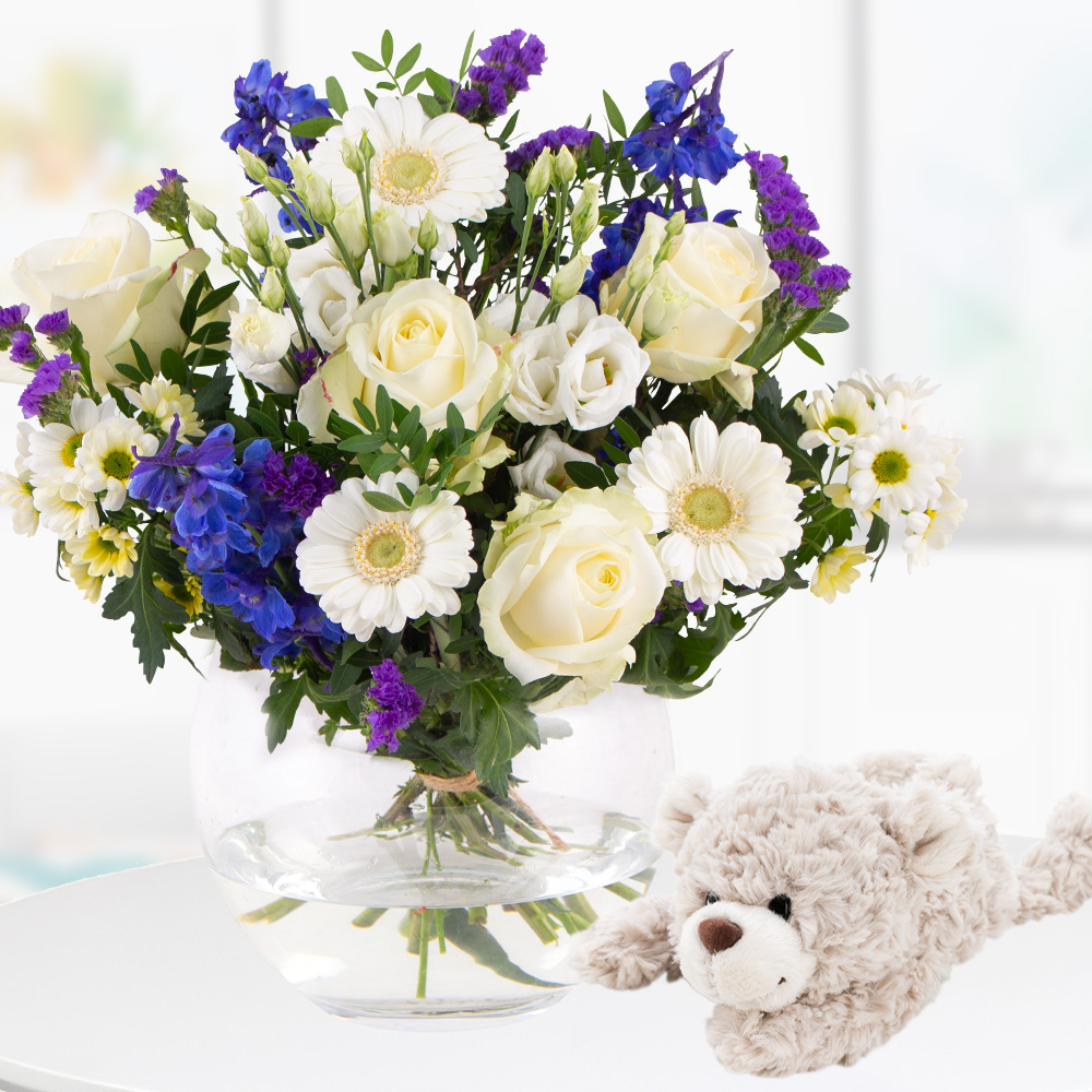 Blumenstrauß + Teddybär zur Geburt eines Jungen