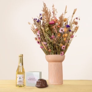 Wildblumen Trockenstrauß Größe XL mit Geburtstagsküchlein und Sekt