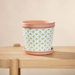 Blumentopf mit Untersetzer Terrakotta Grün Muster – 12 cm