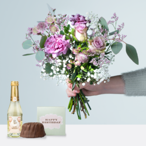 Blumenpost mit Geburtstagsküchlein und Sekt