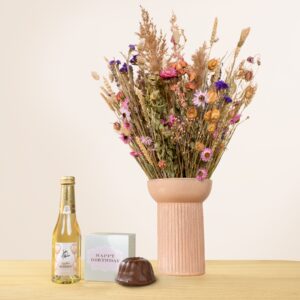 Wildblumen Trockenstrauß Größe XL mit Geburtstagsküchlein und Sekt