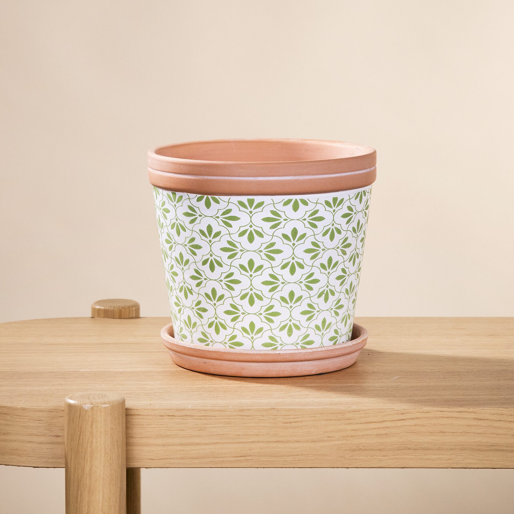 Blumentopf mit Untersetzer Terrakotta Grün Muster – 12 cm