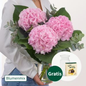Rosa Hortensien mit Eukalyptus