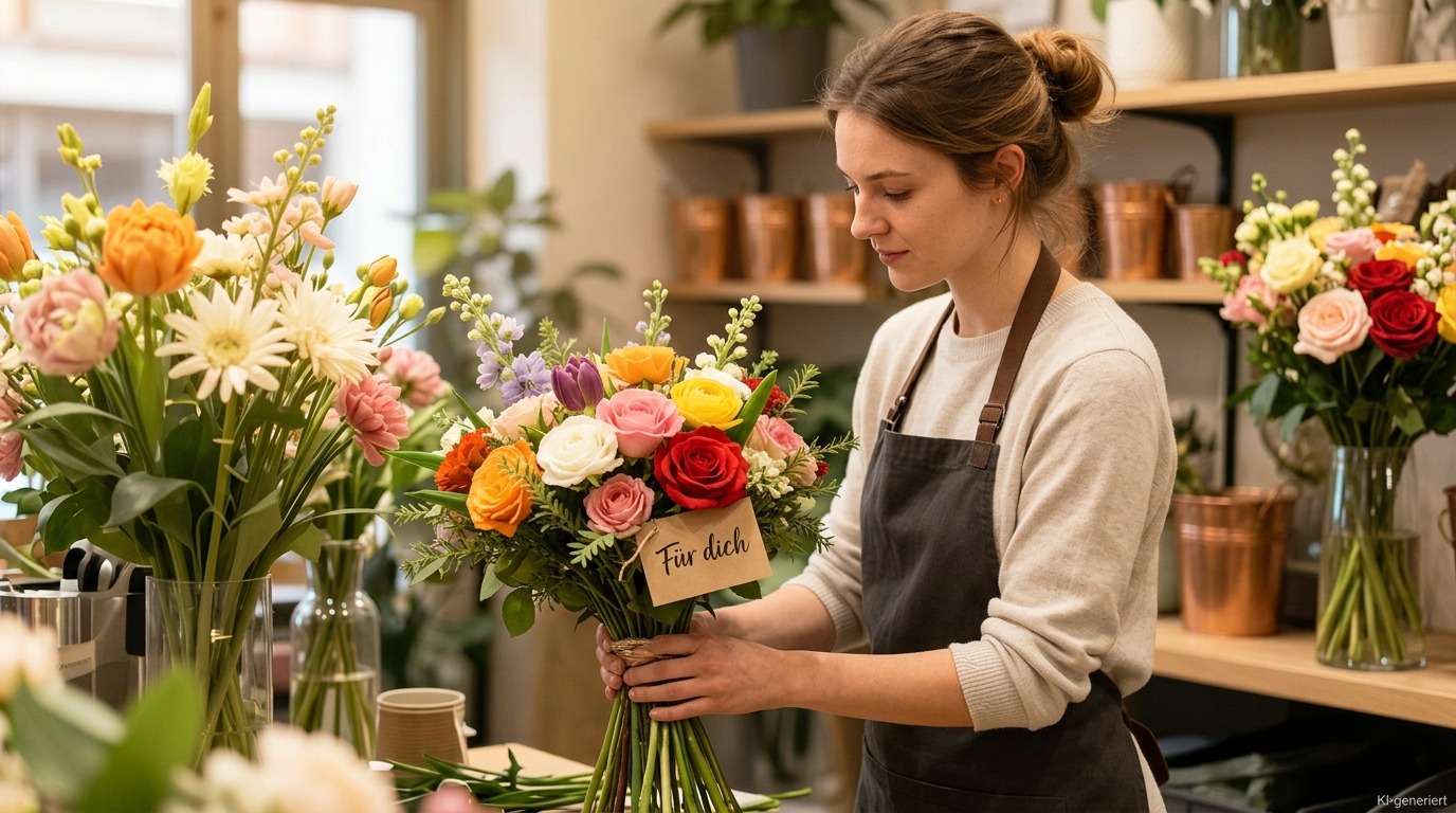 Florist bindet einen frischen Euroflorist Blumenstrauß