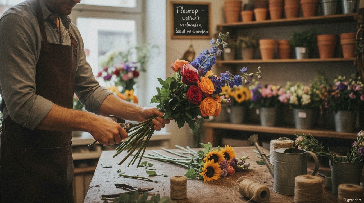 Floristen binden frische Fleurop Blumensträuße