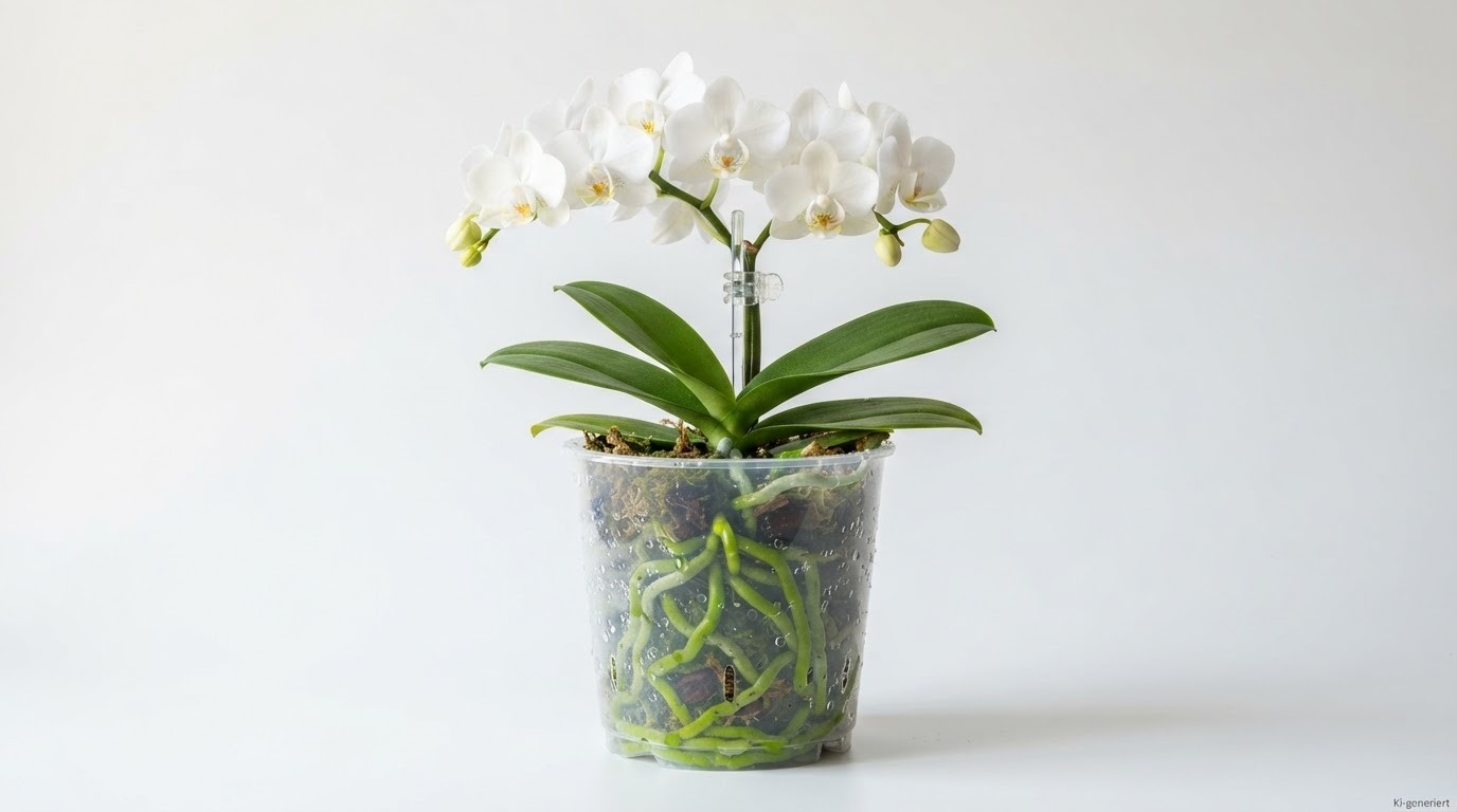 Orchidee im transparenten Topf mit gesunden Wurzeln