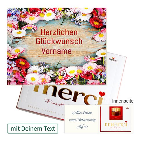 Persönliche Grußkarte mit Merci: Herzlichen Glückwunsch ?Vorname? (250 g)