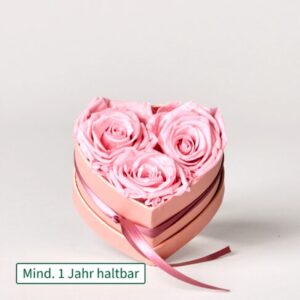 3 rosa haltbare Rosen in herzförmiger Schachtel