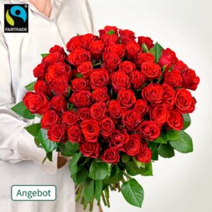 50 rote Fairtrade Rosen im Bund